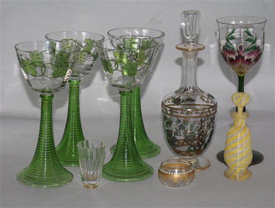 Five Theresinthal enamelled hock glass, a St Louis latticino glass scent bottle, a French enamelled liquor decanter and a shot glass